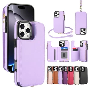 Für iPhone 16 15 14 13 12 Pro Max Leder Reißverschluss Karten Brieftasche Handy Hülle + Schlüsselband - Bild 1 von 69