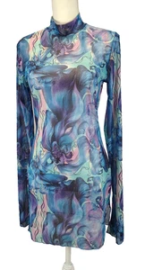 Blue Floral Dress Size Large Sheer Fabric Long Sleeve, Above Knee Sexy - Picture 1 of 23