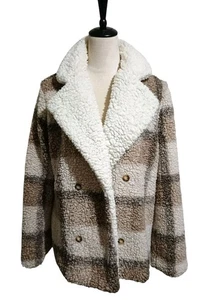 Shein Women's Open Front Brown Buffalo Plaid Teddy Coat Sherpa Lined SZ XL 48" - Picture 1 of 15