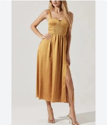 NUEVO CON ETIQUETAS ASTR The Label Vestido Plisado Bustier Midi Dorado XS Satinado Estilo Sin Mangas Cóctel Foto 1 de 4