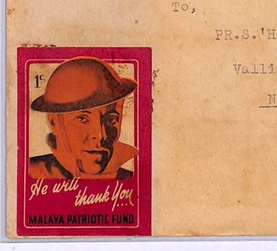 Malaya MALACA WW2 Cubierta *FONDO PATRIÓTICO* 1c Etiqueta CENSOR India 1940 Tamil WM12 Foto 1 de 4