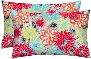 Set of 2 Outdoor Decorative Lumbar Rectangle Pillows, Artistic Floral - Picture 1 of 4