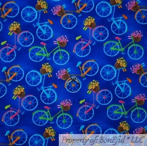 BonEful FABRIC FQ Cotton Quilt Blue Bright Rainbow Flower Print Bike Bicycle USA - Picture 1 of 15