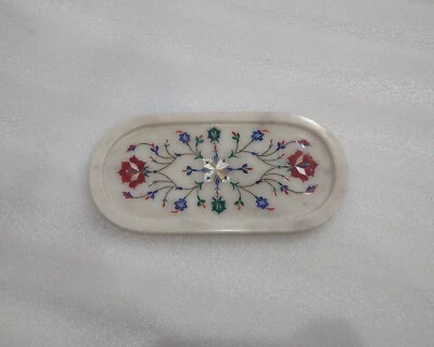 Bandeja de servir mármore, bandeja decorativa com incrustação de pedra semi preciosa trabalho - Imagem 1 de 4