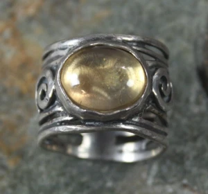 Anillo Brazalete Citrino Israel Vintage Talla 6 Plata de Ley 925 Banda Ancha Cabujón - Imagen 1 de 7