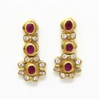 NYJEWEL 18k Yellow Gold 1ct Ruby & White Stone Dangle Stud Earrings