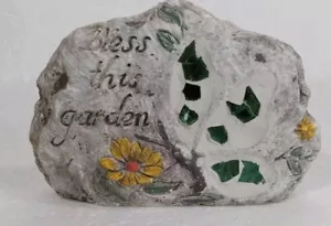 Stained Glass Chip Inserted In Handmade Garden Stone Bless This Garden 5" X 4" - Picture 1 of 6