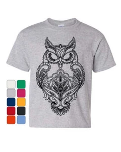 Black Owl Henna Style Youth T-Shirt Wildlife Nature Knowledge Wisdom Kids Tee - Picture 1 of 7