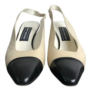 Stuart Weitzman Shoes Womens Size 9 Beige Slingback Leather Black Toes 3" Heels - Picture 1 of 7