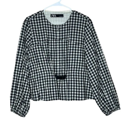 Chaqueta Zara Gingham Mezcla de Lino Manga Abullonada Cremallera Blanco y Negro Talla: XL Foto 1 de 4