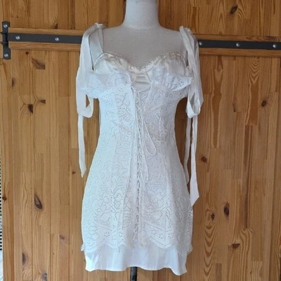 NEW FOR LOVE AND LEMONS WHITE LACE-UP LACE AND SATIN MINI DRESS SIZE L - Image 1 of 4