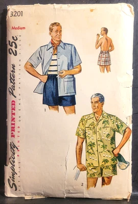 Camisa de playa para hombre Simplicity 3201 vintage años 50 pantalones cortos de natación medianos completos Foto 1 de 4