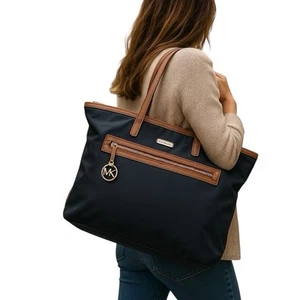 Michael Kors Kempton Large Tote Handbag Navy Blue Brown Gold Tone Hardware - Picture 1 of 13