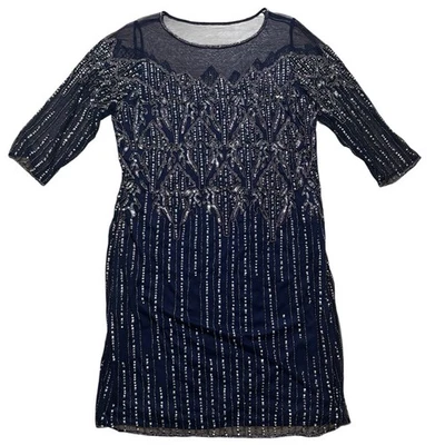 Vestido Formal Pisarro Noches Para Mujer 18W Azul Cuentas Malla Transparente Madre Novia Vestido Foto 1 de 4