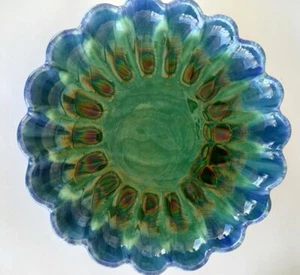 MCM Haeger USA Pottery Center Bowl 13" Platter Blue Green Opalescent Drip Boho - Picture 1 of 12