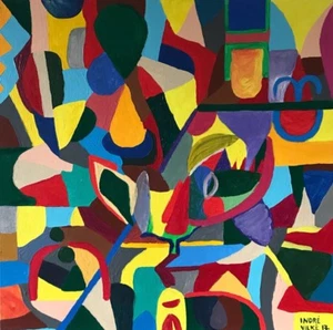 NEW INDRE VILKE CANVAS ORIGINAL "Vision" ABSTRACT FOLK ART colourful PAINTING - Picture 1 of 2