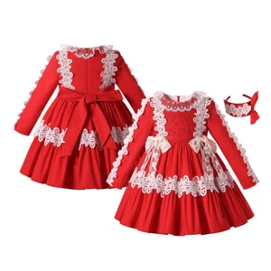 3-12Years Girls Xmas Red Princess Dress Bow Floral Lace Dress with Headband Suit - Picture 1 of 12