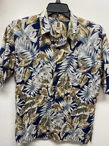 Camisa Hawaiana Tori Richard Grande Palmeras Azul Dorado Manga Corta 100% Algodón Césped - Imagen 1 de 8