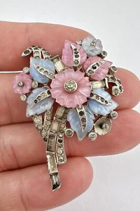 Vtg MAZER Art Deco Molded Glass Flowers Leaves Fruit Salad Rhinestone Brooch Pin - Picture 1 of 4