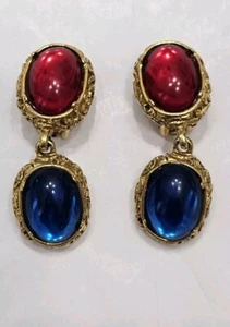 Vintage Ohrringe rot/blau goldfarben baumelnd Goldette.  AF - Bild 1 von 13
