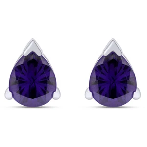 Simulated Pear Amethyst Stud Earrings In 14K White Gold Plated Sterling Silver - Picture 1 of 6