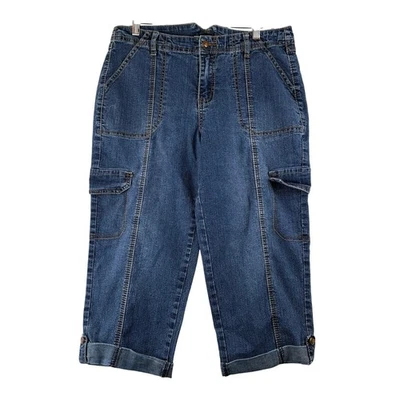 Cato Y2K Denim Cargo Capris Para Mujer 12 Azul Jeans Bolsillos con Botones Ramie Elástico Foto 1 de 4