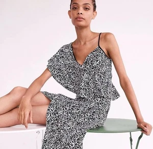 Club Monaco One Shoulder Ruffle Cocktail Party Dress Black White Swirl Stretch 0 - Picture 1 of 6