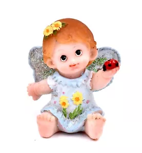 Baby Angel Figurine w/Lady Bug, Sparkle Wings,Powder Blue,Flowers,Plastic,2x1.5" - Picture 1 of 6
