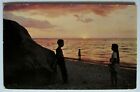 Long Island New York Sunset Beach Boy Girl Postcard 1954