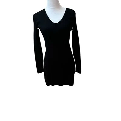 Mini Vestido Negro Acanalado Tejido Bodycon Manga Larga Cuello en V Foto 1 de 4