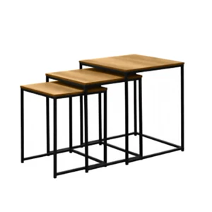 Nest of 3 Tables – Mid Oak Style and Matt Black Metal Frame - Picture 1 of 2