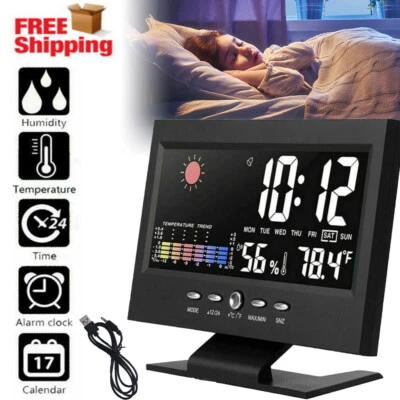 LED Digital Alarm Clock Snooze Calendar Thermometer Hygrometer Weather Display - Image 1 of 4