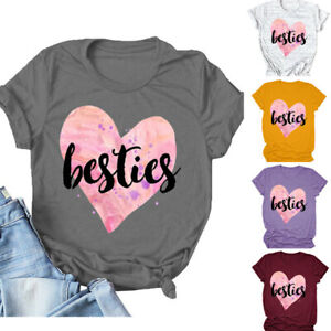 Women Besties Heart Short Sleeve Letters Tee Top Ladies Floral Slogan T-Shirt