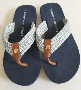 Tommy Hilfiger Flip Flop Womens Light Blue w/Logo & Brown Leather Detail Size 9 - Picture 1 of 12