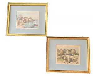 Lotto di 2 litografie ad acquerello francesi vintage incorniciate di Lucien Delarue (b1925) - Foto 1 di 9