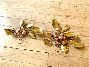 2 Stück Vintage MCM Hartriegel Blumen Blätter 3D Messing Kupferfarben Metall Wandbild - Bild 1 von 7