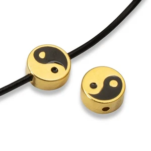 Yin Yang Beads, 2Pc 24k Gold Plated + Black Enamel, Meditation Balance Symbol - Picture 1 of 7