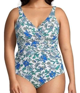 Lands End Swimsuit Size 10 Slender Suit Floral Navy White Compression Swim - Picture 1 of 11