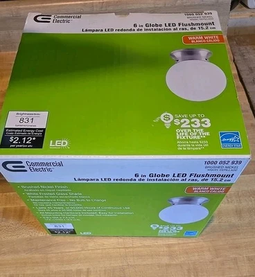 Commercial electric 1-6" Globe Brushed Nickel LED Flush Mount light fixture Nib - Image 1 of 4