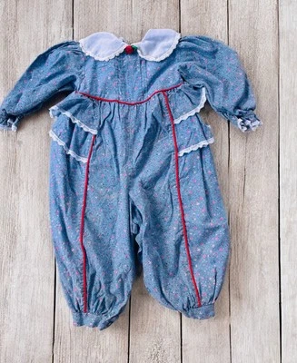 Mono Mameluco Vintage Bryan Bebé Niña Azul Floral Ver Medida 6-9mo Años 80 Foto 1 de 4