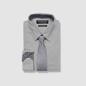 Nick Graham Mens Gray Geo-Print Dress Shirt & Tie Set Size 14.5-15 34/35 - Picture 1 of 2