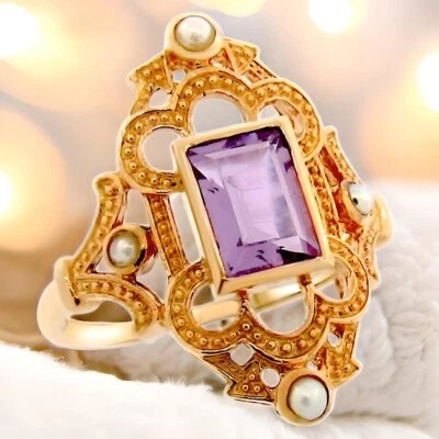 ANEL DE PRATA 925 ESTILO VITORIANO GENUÍNO AMETISTA E PÉROLA SOBREPOSIÇÃO OURO ROSA 830Z - Imagem 1 de 4