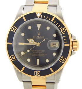 Rolex Submariner Date Mens 18k Yellow Gold Stainless Steel Watch Black Sub 16613 - Picture 1 of 7