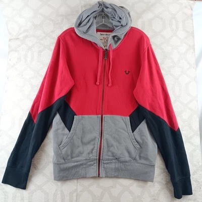 True Religion Hoodie Mens Small Red Gray Black Full Zip Fleece Sweater - Image 1 of 4