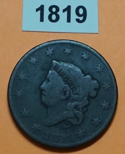 1819 Coronet /Matron HEAD (SMALL DATE ) LARGE CENT US COPPER COIN VERY GOOD - Imagen 1 de 3