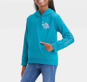 Cat & Jack Girls' Fleece Pullover Hoodie Cosmic Wonder, Teal Blue Size LG 10-12 - Picture 1 of 9