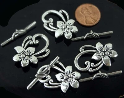 4 sets Larger Flower Toggle Closures Connectors Antique Silver Pewter 30x20mm - Image 1 of 3
