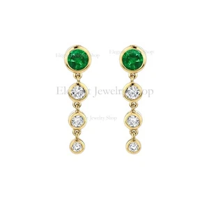 Dainty Green Emerald Stud Moissanite Earrings 14k Yellow Gold Jewelry for Womens - Picture 1 of 2