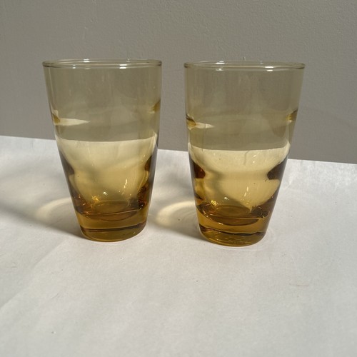 Vintage Libbey Glasses Lot Of 2 Honey Golden Wave Ripple Optic Tumbler Amber