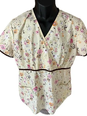 SB Scrubs Top Women's Large Yellow Multicolor Flowers V-Neck Short Sleeve - Image 1 of 4